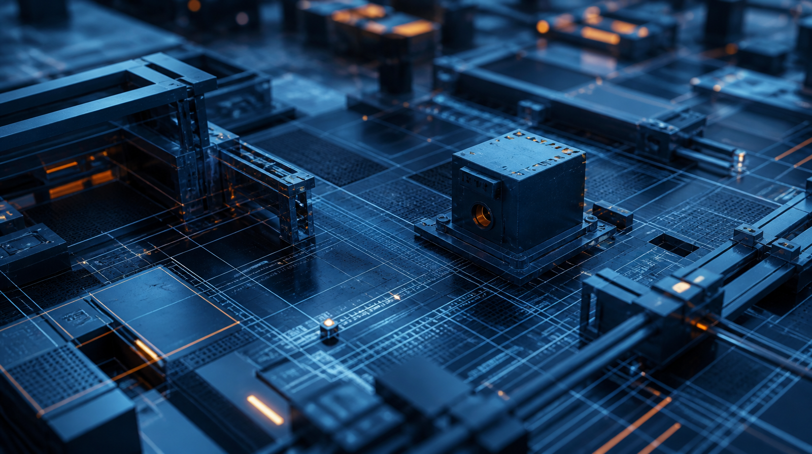 Visual abstracto de sistemas de ingeniería: módulos y líneas precisas en atmósfera azul industrial (visual provisional)